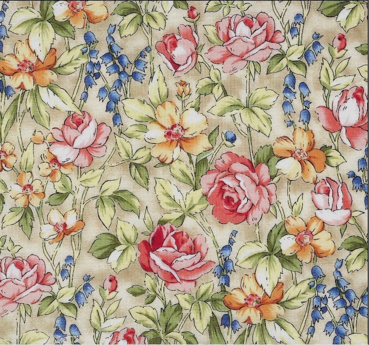 A vintage-style floral pattern featuring pink and red roses, orange blossoms, blue bellflowers, and green leaves on a warm beige background.